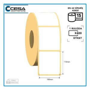 Kuşe Barkod Etiketi 100x110 mm 400 Sarım 15 Rulo (RİBON İLE BASKI)