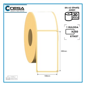 Kuşe Barkod Etiketi 100x200 mm 250 Sarım 20 Rulo (RİBON İLE BASKI)