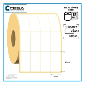 Kuşe Barkod Etiketi 4'lü Bitişik 20x40 mm 4000 Sarım 15 Rulo (RİBON İLE BASKI)