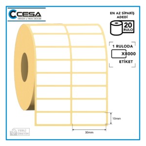 Kuşe Barkod Etiketi 2'li Ayrık 30x10 mm 8000 Sarım 20 Rulo (RİBON İLE BASKI)