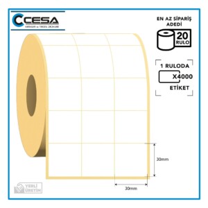 Kuşe Barkod Etiketi 3'lü Bitişik 30x30 mm 4000 Sarım 20 Rulo (RİBON İLE BASKI)