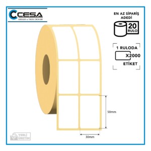 Kuşe Barkod Etiketi 2'li Ayrık 30x50 mm 2000 Sarım 20 Rulo (RİBON İLE BASKI)