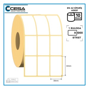 Kuşe Barkod Etiketi 3'lü Ayrık 30x50 mm 3000 Sarım 10 Rulo (RİBON İLE BASKI)