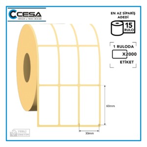 Kuşe Barkod Etiketi 3'lü Ayrık 30x60 mm 2000 Sarım 15 Rulo (RİBON İLE BASKI)
