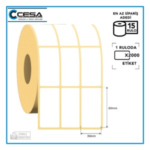 Termal Barkod Etiketi 3'lü Ayrık 30x60 mm 2000 Sarım 15 Rulo