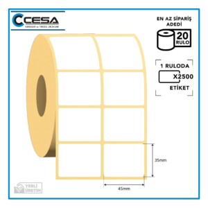 Termal Barkod Etiketi 2'li Ayrık 45x35 mm 2500 Sarım 20 Rulo
